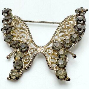 Vintage Rhinestone Filigree Butterfly Brooch Metal Base Mid-20th Century